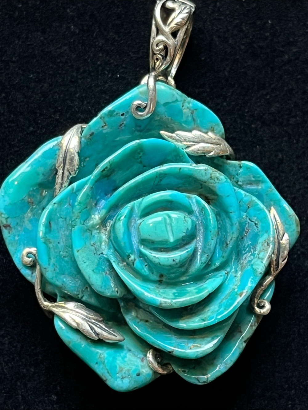 Sally C Treasures vintage carved turquoise rose pendant crafted in 925 sterling